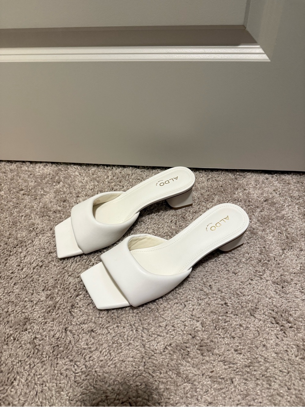 Aldo White Square-Toe Slide Mules with Low Block Heel